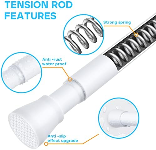 MEXAU Tension Curtain Rod for Windows 28 to 48 In, White | No Drilling Expandable Adjustable Spring Loaded Tension For Doorway Closet Kitchen Bathroom Bedroom 7/8 Inch Diameter