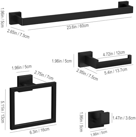 5-pieces matte black bathroom accessories set 23.6 inch shown in use