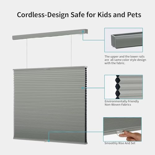 Top Down Bottom Up（TDBU） Cellular Shades, 1.5 inch Cordless Blackout Honeycomb Pleated Blinds for Windows Home Bedroom Office, Light Control, Thermal Insulated, 45 "W x 72" H, Grey
