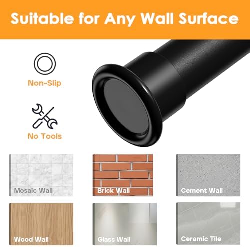 Tension Curtain Rod 43-124 Inches Extra Long Black Heavy Duty | Tension Rods Adjustable Curtain Rod No Drilling Spring Loaded Tension Rod for Windows Patio Curtains and Non Slip