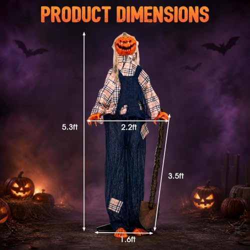 Tangkula 5.3 FT Animated Halloween Standing Pumpkin Scarecrow with Shovel