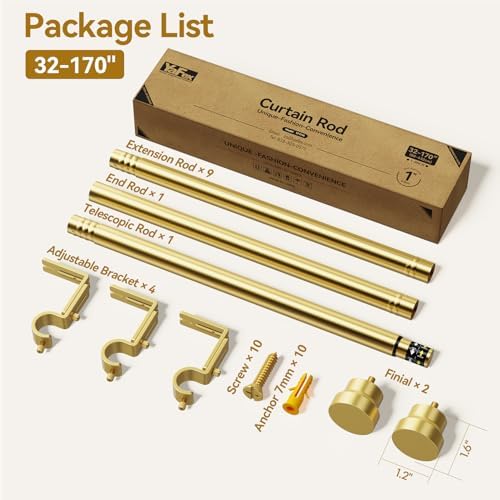 YaFex Curtain Rods 32-170 Inch, Heavy Duty 1 Inch Adjustable Curtain Rod for Windows, Gold Extra Long Window Treatment Rods, Modern Design, Easy Installation