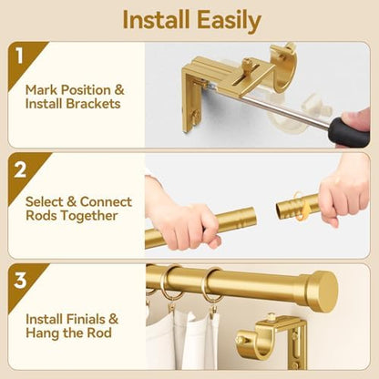 YaFex Curtain Rods 32-170 Inch, Heavy Duty 1 Inch Adjustable Curtain Rod for Windows, Gold Extra Long Window Treatment Rods, Modern Design, Easy Installation