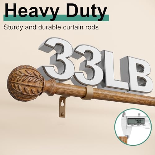 QDWIS 2 Pack Boho Wood Curtain Rods for Windows 48 to 84 inch,1" Adjustable Heavy Duty Window Curtain Rod with Imitation Wood Grain Finials,Rustic Decorative Drapery Rods Set 36-88'',Natural Wood