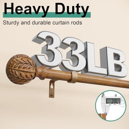 QDWIS 2 Pack Boho Wood Curtain Rods for Windows 48 to 84 inch,1" Adjustable Heavy Duty Window Curtain Rod with Imitation Wood Grain Finials,Rustic Decorative Drapery Rods Set 36-88'',Natural Wood