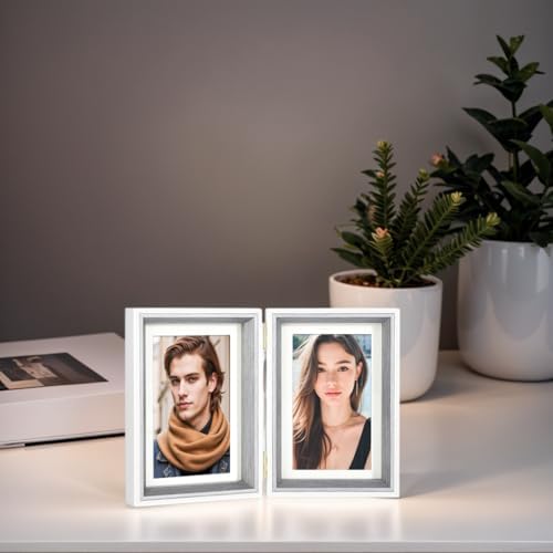 4x6 Double Hinged Picture Frame with Real Glass, PS06-GYX6 | Vertical display for 3x5 photos with mat or 4x6 without mat.Folding College Frame, for tabletop decor, gift for memories