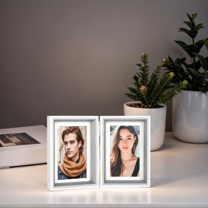 4x6 Double Hinged Picture Frame with Real Glass, PS06-GYX6 | Vertical display for 3x5 photos with mat or 4x6 without mat.Folding College Frame, for tabletop decor, gift for memories