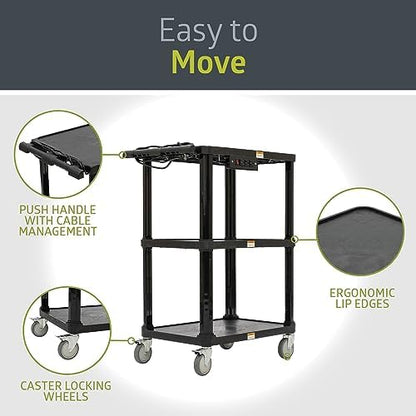 pearington 3-shelf mobile utility cart with 3 outlets, close-up detail