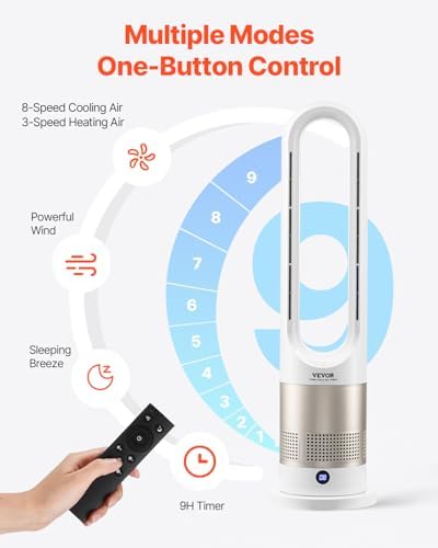 vevor tower fan bladeless, 16 ft/s velocity quiet, side view