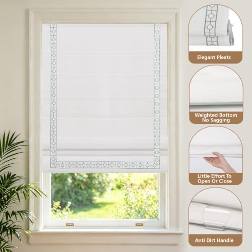 Cordless Roman Shades, Blackout Roman Shades, White Embroidered Blue Border Window Shades for Windows, Doors, Kitchen Windows