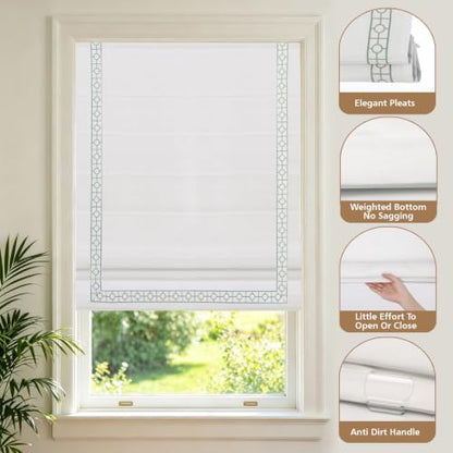 Cordless Roman Shades, Blackout Roman Shades, White Embroidered Blue Border Window Shades for Windows, Doors, Kitchen Windows