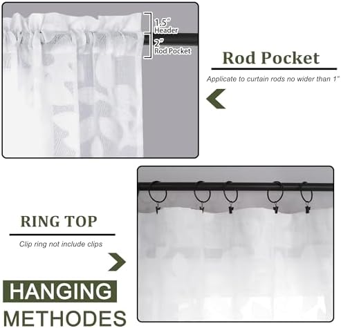 White Sheer Curtains 54 inches Long 2 Panels for Living Room, Jacquard Clip Leaf Pattern Textured Light Filtering Window Semi Sheer Voile Drapes for Bedroom, Each Panel 42 x 54 Inch