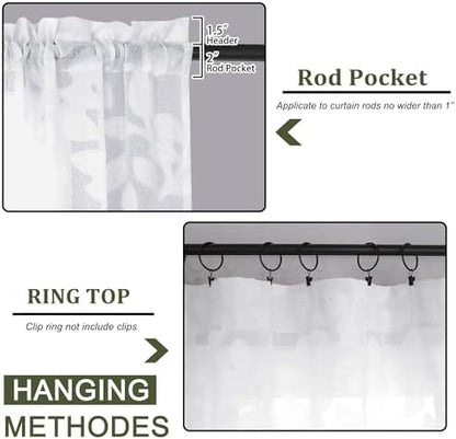 White Sheer Curtains 54 inches Long 2 Panels for Living Room, Jacquard Clip Leaf Pattern Textured Light Filtering Window Semi Sheer Voile Drapes for Bedroom, Each Panel 42 x 54 Inch