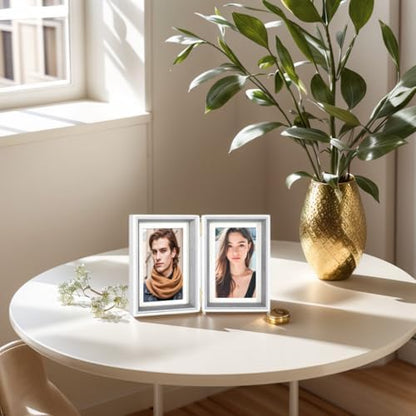 4x6 Double Hinged Picture Frame with Real Glass, PS06-GYX6 | Vertical display for 3x5 photos with mat or 4x6 without mat.Folding College Frame, for tabletop decor, gift for memories