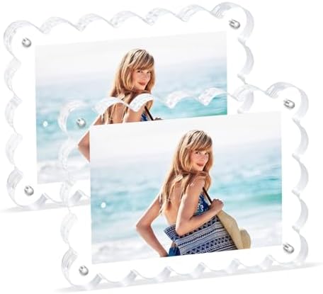 Scalloped Magnetic Picture Frame 4x6 Inch-2Pack Photo Frames | Clear frame,20mm Thick Double-Sided Magnet Design, Horizontal/Vertical Stand,Trendy Desktop Display for Home/Office Decor