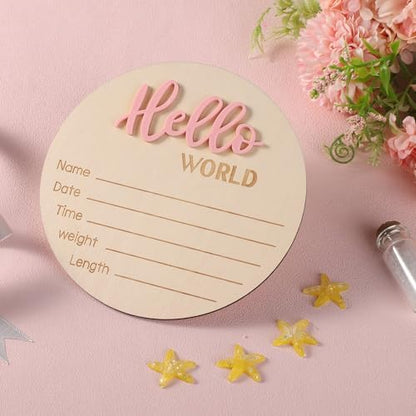 Baby Announcement Sign, Wooden Hello World Newborn Signs Birth Name Sign | 5.9in Welcome Name Plaques for Newborn Boys and Girls Photo Props Baby Shower Hospital Nursery (Light Pink)