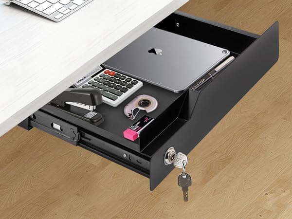 Under Desk Drawer Storage with Lock, Metal Undermount Table Drawer, Ball - Image 9