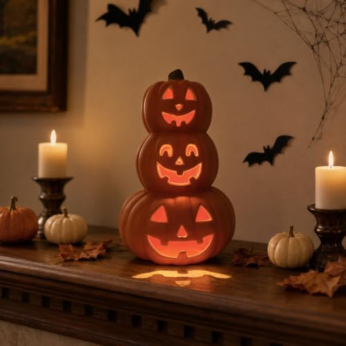Evelyne Stacked Jack-O’-Lantern Pumpkin Decoration – 3-Tier Light-Up Hallowee...