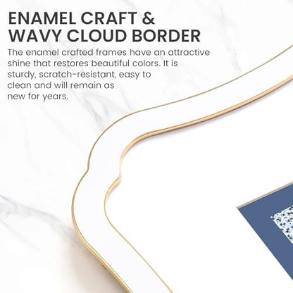 4x4 Picture Frame, Gold Wavy Cloud Border, White Enamel, 1pc | Premium Zinc Alloy Square Frame with Real Glass & Easel, Wall & Tabletop Display for Elegant Home Office Photo Gallery