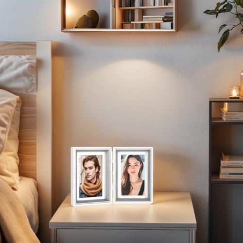 4x6 Double Hinged Picture Frame with Real Glass, PS06-GYX6 | Vertical display for 3x5 photos with mat or 4x6 without mat.Folding College Frame, for tabletop decor, gift for memories