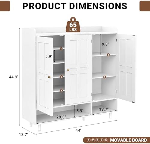 shoe cabinet with 3 doors and adjustable shelves shown in use
