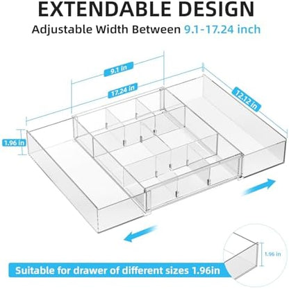 marbrasse expandable desk drawer organizer, clear plastic drawer shown in use