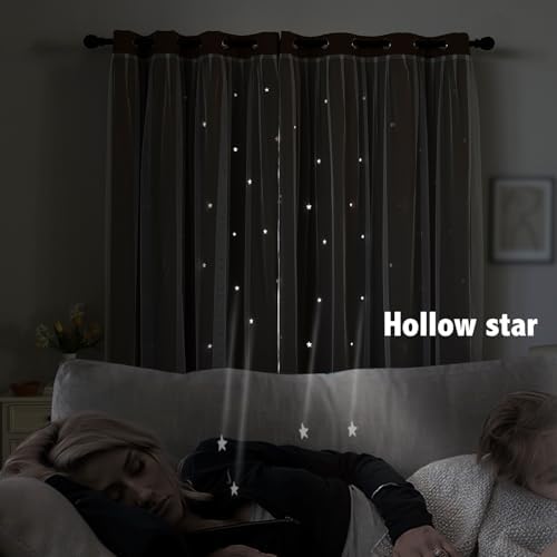 indistar Star Cutout Kids Window Blackout Curtains for Girl Bedroom Window Room Darkening Curtains & Drapes Baby Nursery Curtains (2 Panel,52Wx72L inch,Coffee)