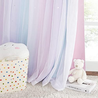 NICETOWN Curtains for Girls Bedroom Kids Curtain Star Cutout Rainbow Curtain for Girls Room Decor Window Nursery Curtain 84 inches Long Grommet, 2 Panels, W42 x L84, Purple & Blue & Pink