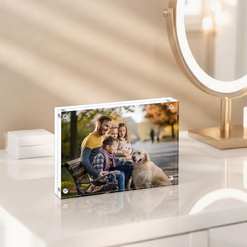 AMEITECH 4x6 Acrylic Picture Frame 5 Pack, Frameless Clear Photo Frames | Double Sided Floating Magnetic Frames, 20mm Thick, Free Standing Desktop Display for Postcards, Pictures and Artworks