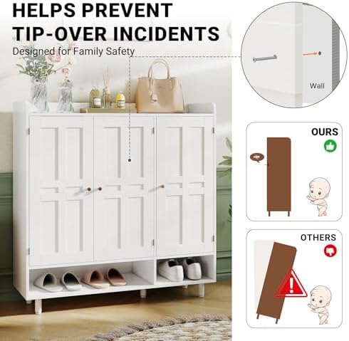 shoe cabinet with 3 doors and adjustable shelves, front angle view