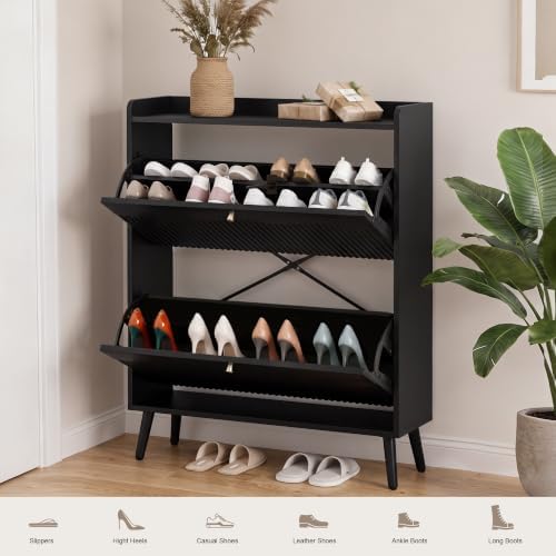 berrymerry 31.5” black fluted shoe cabinet storage with showing dimensions
