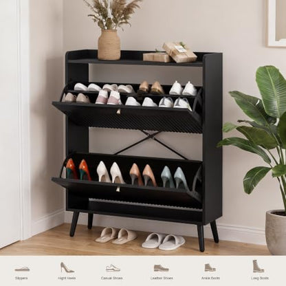 berrymerry 31.5” black fluted shoe cabinet storage with showing dimensions