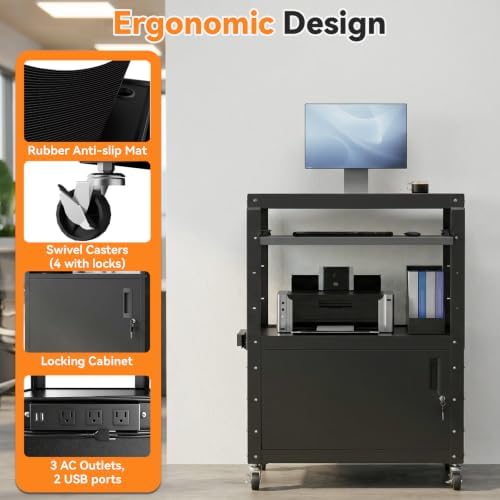 mobile av cart, adjustable height rolling computer cart, side view