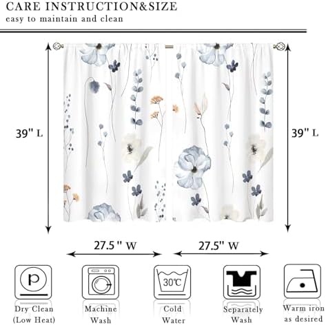 Watercolor Floral Kitchen Curtain 27.5W X 39L Inch 2 Panel Beige Blue White Flower Minimalist Cute Plant Leaves Summer Small Short Cafe Tier Window Treatment Drapes Bathroom Curtain Home Decor