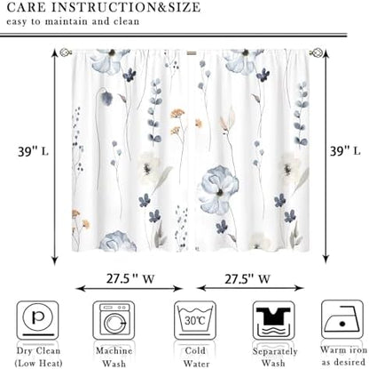Watercolor Floral Kitchen Curtain 27.5W X 39L Inch 2 Panel Beige Blue White Flower Minimalist Cute Plant Leaves Summer Small Short Cafe Tier Window Treatment Drapes Bathroom Curtain Home Decor