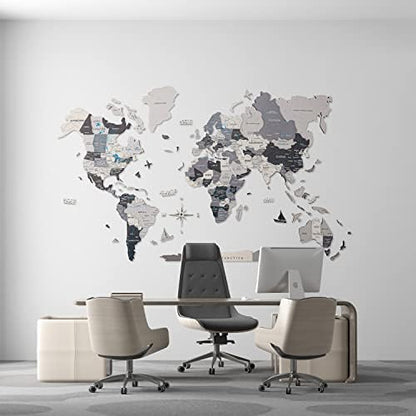 Handmade 3D Wood World Map Wall Art Large Wall Decor Track Your World Travels - Special for Home, Kitchen and Office (Large, Nordik)