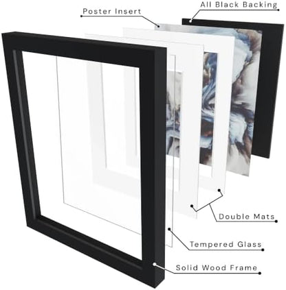 Frame Amo 20x24 Black Poster Frame, 18x22 and 16x20 Mats, High End | Tempered Glass, Solid Wood, 1.5 inch Wide, 1 inch Thick, 2 Thick 4-Ply White Mats, Heavy Duty, Acid Free, Hanging Hardware