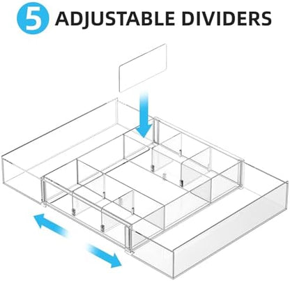 marbrasse expandable desk drawer organizer, clear plastic drawer, close-up detail