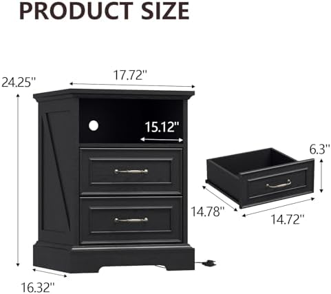 black nightstand with charging station,18" wide end table shown in use