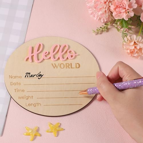 Baby Announcement Sign, Wooden Hello World Newborn Signs Birth Name Sign | 5.9in Welcome Name Plaques for Newborn Boys and Girls Photo Props Baby Shower Hospital Nursery (Light Pink)