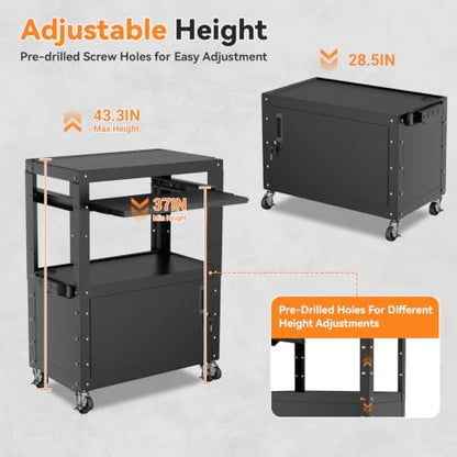 mobile av cart, adjustable height rolling computer cart showing dimensions