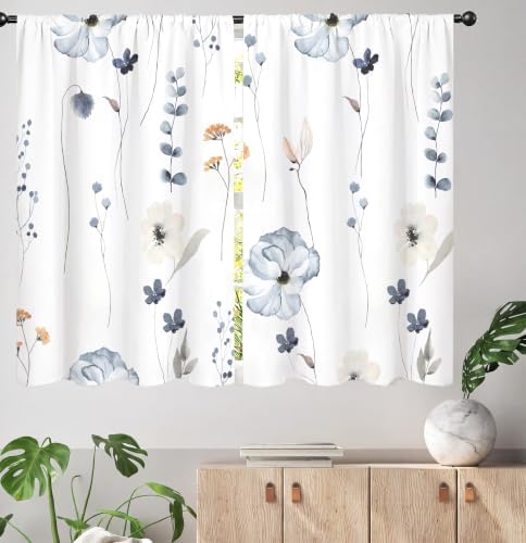 Watercolor Floral Kitchen Curtain 27.5W X 39L Inch 2 Panel Beige Blue White Flower Minimalist Cute Plant Leaves Summer Small Short Cafe Tier Window Treatment Drapes Bathroom Curtain Home Decor