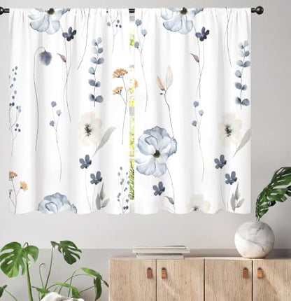 Watercolor Floral Kitchen Curtain 27.5W X 39L Inch 2 Panel Beige Blue White Flower Minimalist Cute Plant Leaves Summer Small Short Cafe Tier Window Treatment Drapes Bathroom Curtain Home Decor