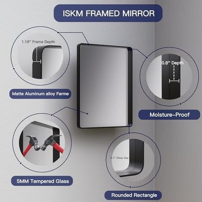 iskm wall mounted mirror 20x16, black framed bathroom, close-up detail