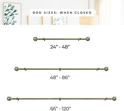 CHICOLOGY 3/4 to 1 inch Diameter Pole for Drapes Finials, Window Decor Elegant Finished, Bronze, Nickel & Black Curtain Rods, 48 to 86 inches, Antique Brass-Clare (Pack of 2)