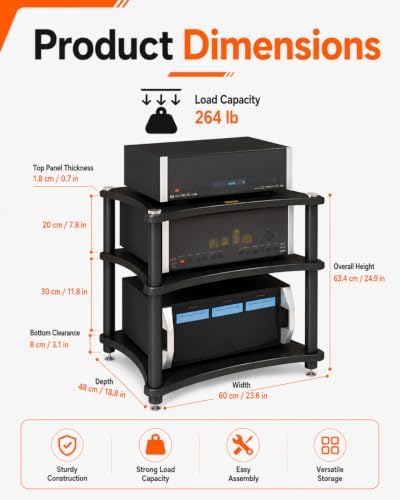 heavy duty 3-tier av media stand, 264 lb shown in use