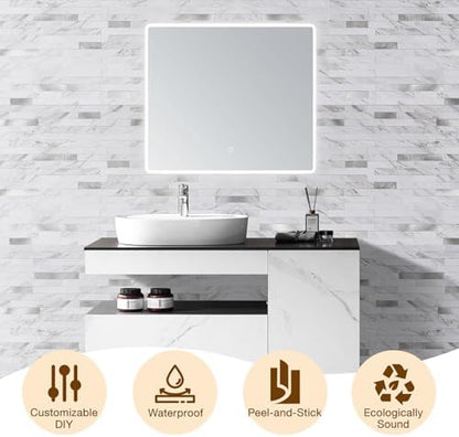 Peel and Stick Backsplash Tile Waterproof Removable PVC Wall Sticker 3D Faux Stone Marble Brick White Accent Panels (White Marble - Metal Silver, 20 Tiles - 9 sq. ft. (0.84 M²))