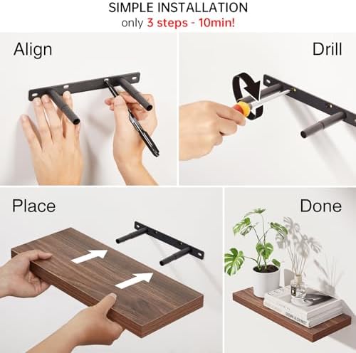 bayka walnut-like floating shelves 15.7in, 3 pack, wall, front angle view