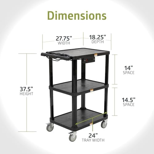 pearington 3-shelf mobile utility cart with 3 outlets, package contents