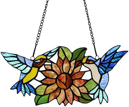 Bieye W10006 Hummingbirds Flower Tiffany Style Stained Glass Window Hangings Panel with Chain, 15" W x 7" H